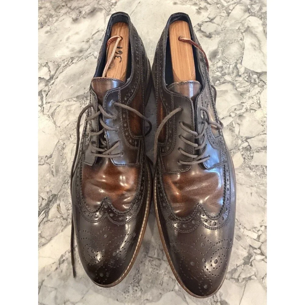 Johnston & Murphy Mens 10M Italy Leather Wingtip Brogue Oxford Shoes Shoe Trees